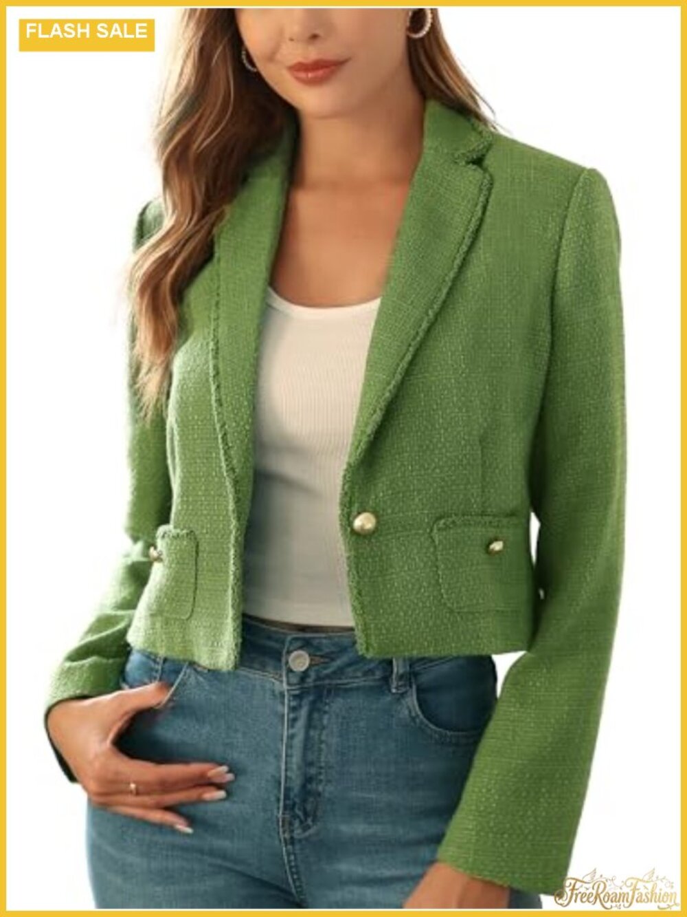 Women's Cropped Tweed Blazer Jacket Notch Lapel Long Sleeve